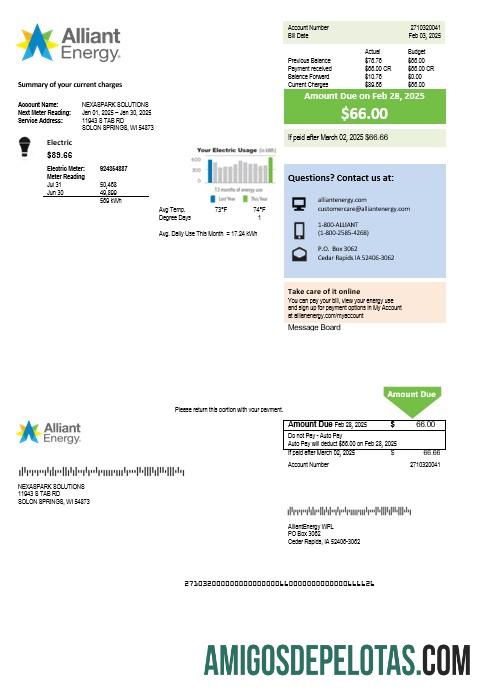 Em branco modelo de conta de serviços públicos de eletricidade da USA Wisconsin Alliant Energy em formatos Word e PDF
